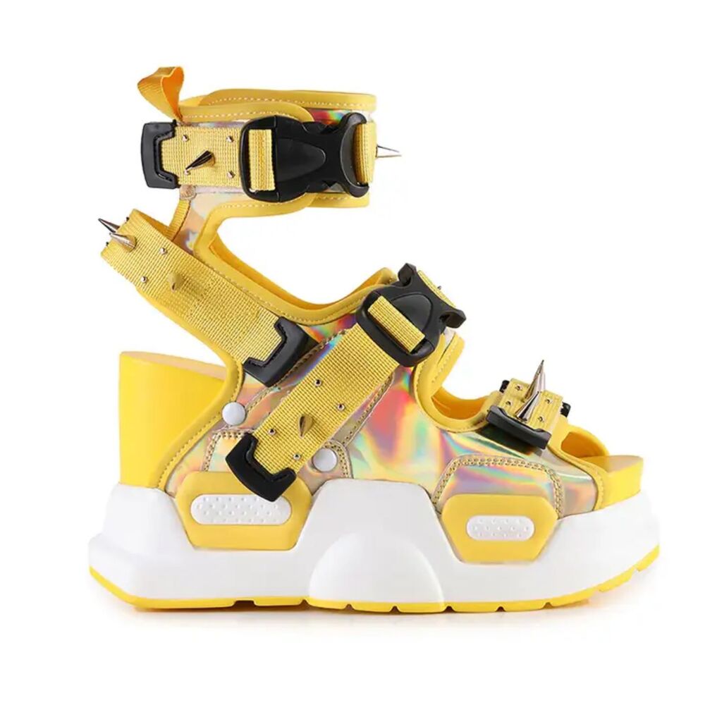 Anthony Wang Punk Spiked Gold Holo Graphic Women's Platform Sandals - Picture 1 of 3
